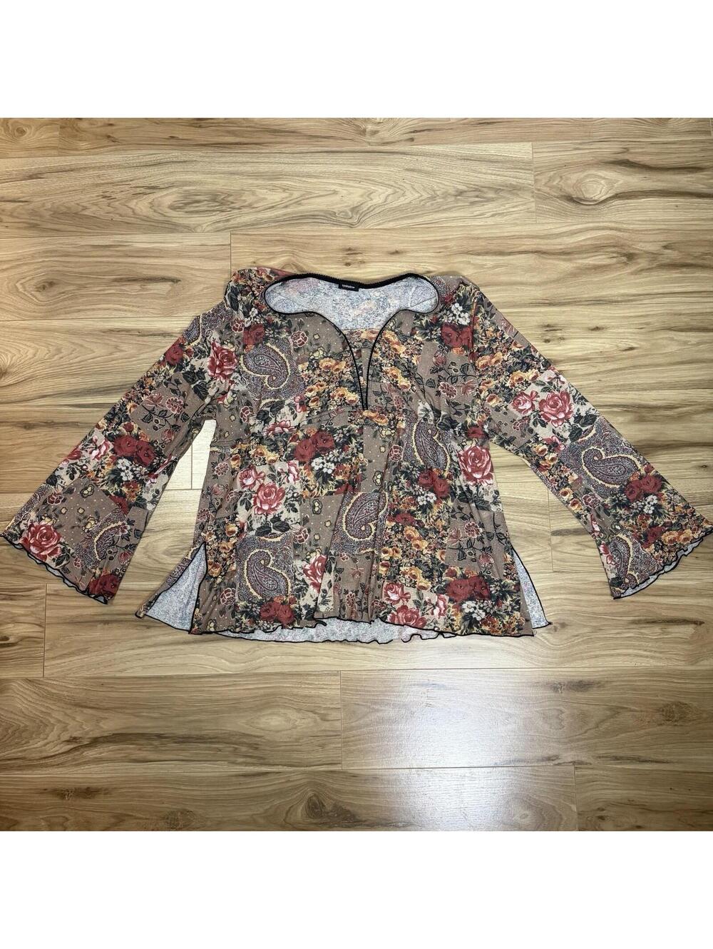 Eyeshadow Floral Paisley Mesh Bell Sleeve Top Black Lace Trim 2X Y2K Boho